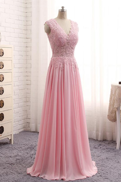 Elegant pink prom dress, lace long prom dress, A-line evening dress