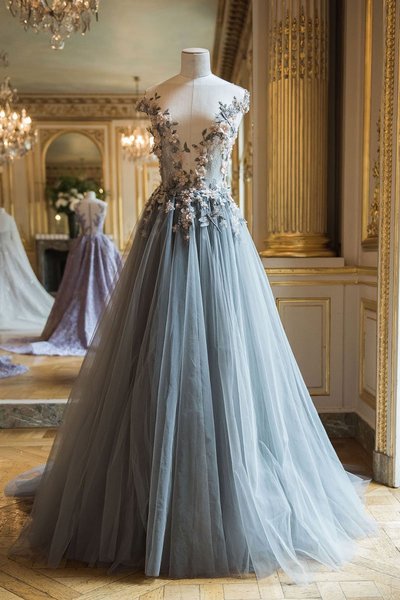 Gorgeous v neck prom dress, tulle long prom dress, applique evening dress