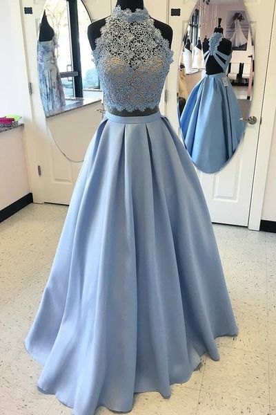 Elegant Two Piece Prom Dress, Lace Long Prom Dress, Blue Stain Evening Dress