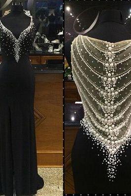 Elegant V-Neck Prom Dress, Beading Black Prom Dress, Long Sheath Evening Dress 
