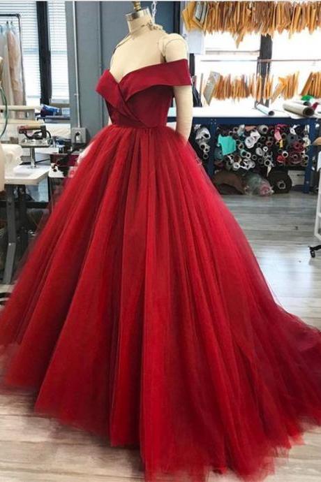 Off The Shoulder Prom Dress, V-Neck Tulle Prom Dress, Ball Gown Prom Dress, Red Long Evening Dress 2018