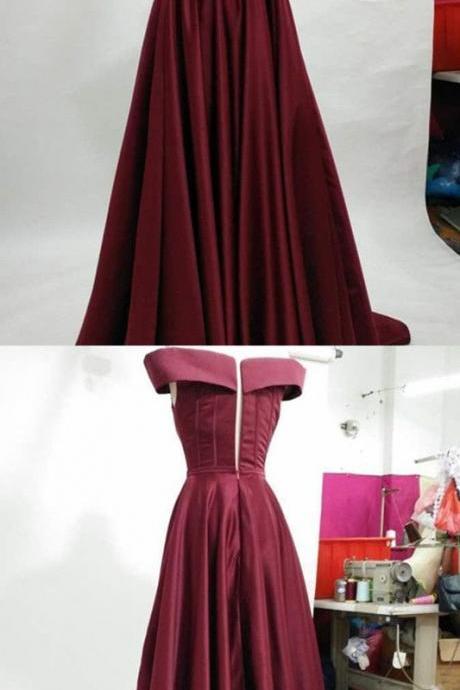 Burgundy Prom Dresses,Satin Evening Gowns,Off The Shoulder Prom Dress,Long Party Dress
