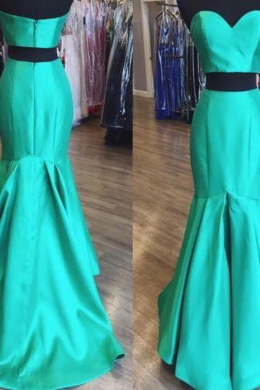 green prom dress,two piece prom dress,satin prom gowns,elegant dress,mermaid evening dress