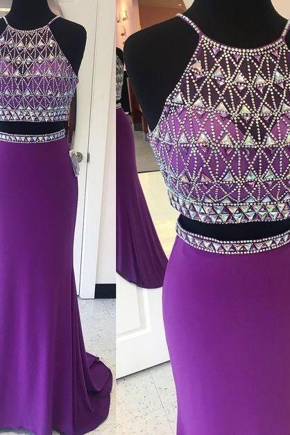 Purple Prom Dress, Two Piece Prom Dress, Mermaid Evening Gowns, Spaghetti Straps Long Party Dress