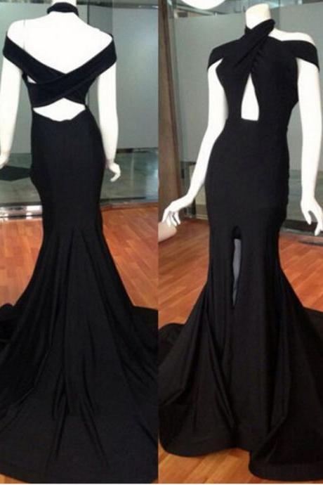 Halter Black Fashion Dress, Simple Long Party Dress, Stain Slit Side Prom Dress