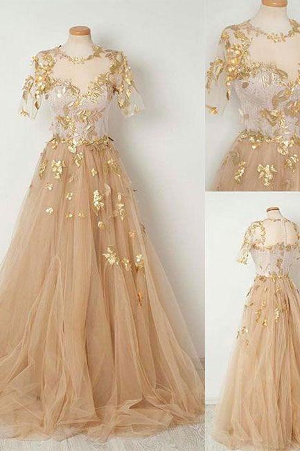 Champagne half sleeves prom dress, tulle long prom dress, round neck applique prom dress