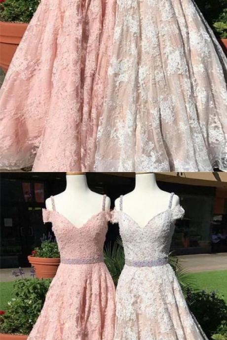 Luxurious A-Line Prom Dress, Off-Shoulder Pink/White Party Dress, Tulle Long Prom Dress with Beading