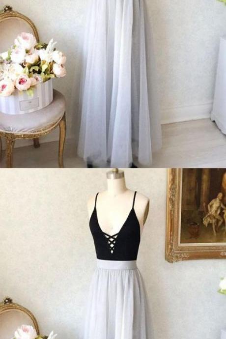 V-Neck spaghetti straps prom dress, tulle long prom dress, simple A-Line prom dress