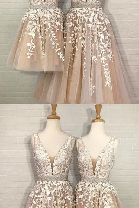 Champagne Tulle V-neck Homecoming Dress, Lace Embroidery Beaded Prom Short Dress For Party 300
