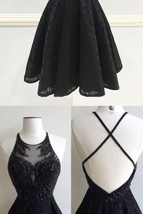 Spaghetti straps lace prom dress, short black backless homecoming dress for cocktail party 345