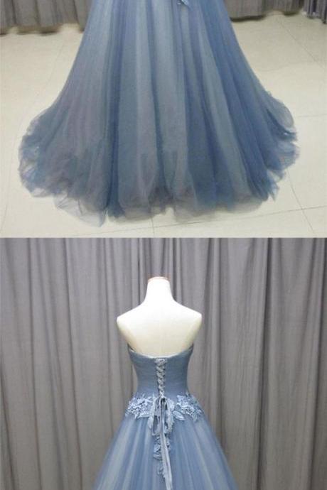 Grey blue sweetheart neck tulle long prom dress 52180