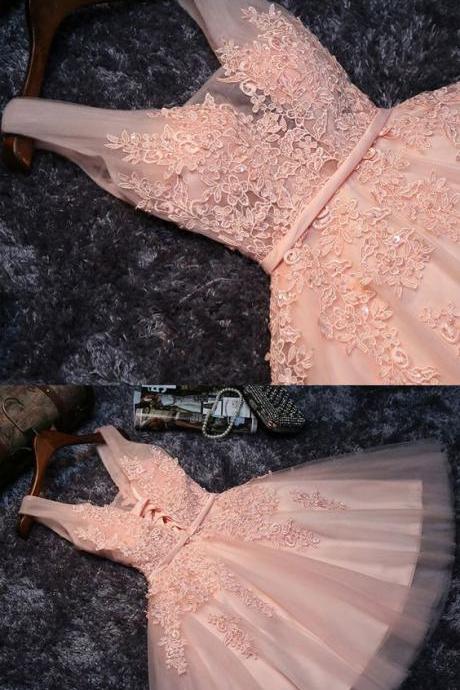 V neck homecoming dress, short prom dress, coral tulle party dress 431