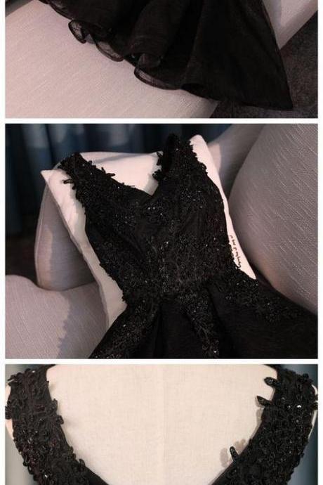 V Neck Cute Simple Black Short Lace Organza Homecoming Dress 432