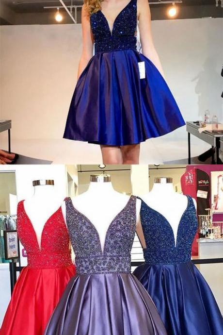Navy Blue/Burgundy or Sliver V Neck Homecoming Dress, Beading Short Prom Dress 466