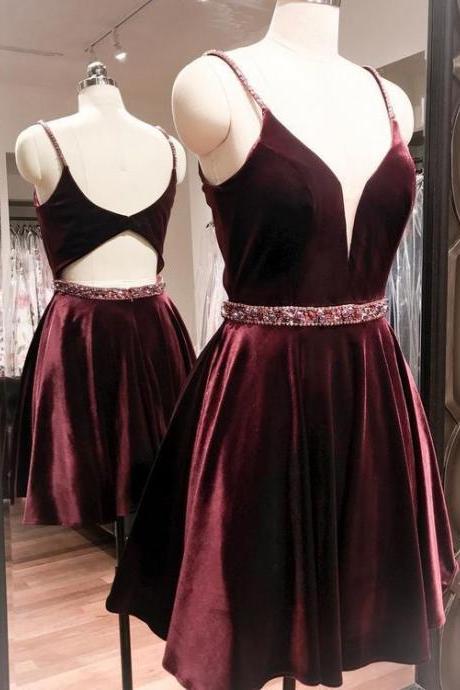 Burgundy mint short homecoming dress, simple spaghetti straps homecoming dress 483