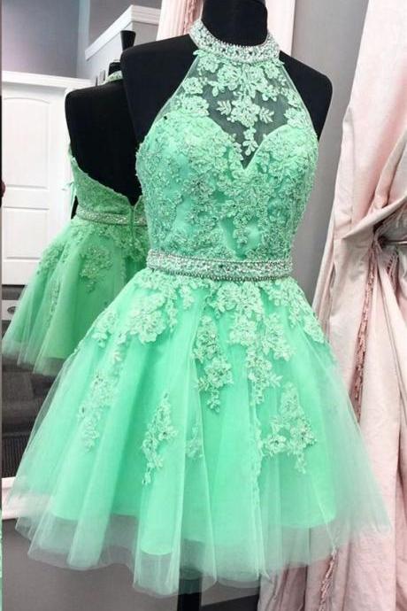 Mint green short homecoming dress, simple tulle round neck homecoming dress 486