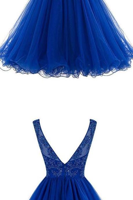 Royal Blue Prom Dress, V Back Prom Dress, Fashion Short Homecoming Dress 487