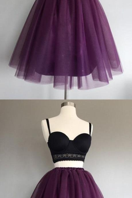 Purple black short homecoming dress, simple spaghetti straps two piece homecoming dress 499