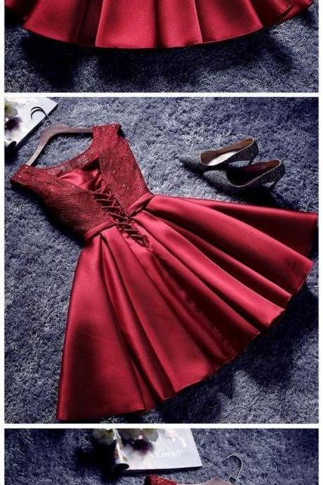 Red short homecoming dress, round neck junior dress 538