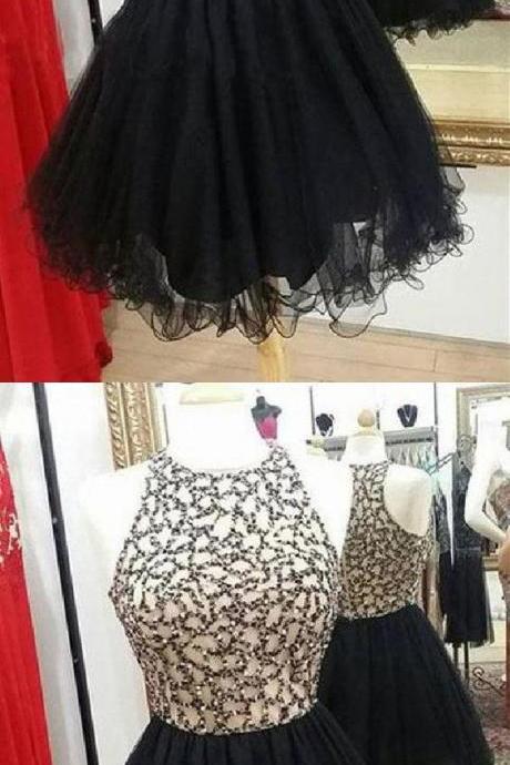 Black short homecoming dress, sexy round neck tulle homecoming dress 542