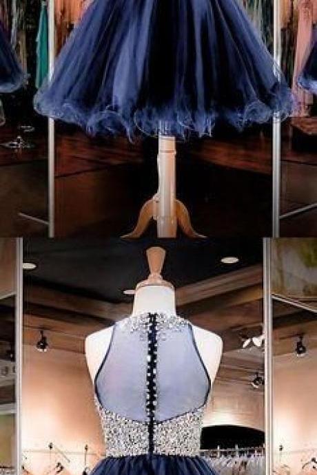 Short Homecoming Dress, Navy Blue Tulle Prom Gowns, Crystal Party Dress, Popular Cocktail Dress 562