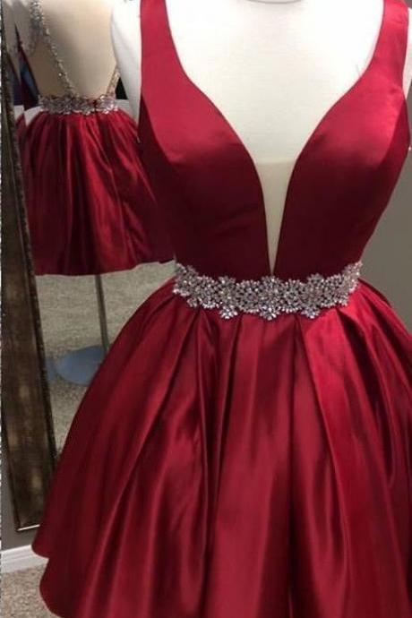 Charming Burgundy Prom Dress, Satin Homecoming Dress,V-Neck Graduation Dress, Waist Beading Short Prom Dress 563