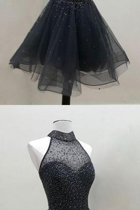 A-Line Black High Neck Tulle Short Formal Homecoming Dress 584