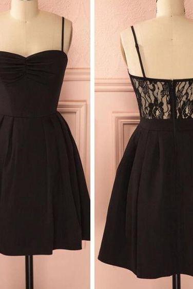 short homecoming dress, black homecoming dress, spaghetti straps homecoming dress, satin homecoming dress 599