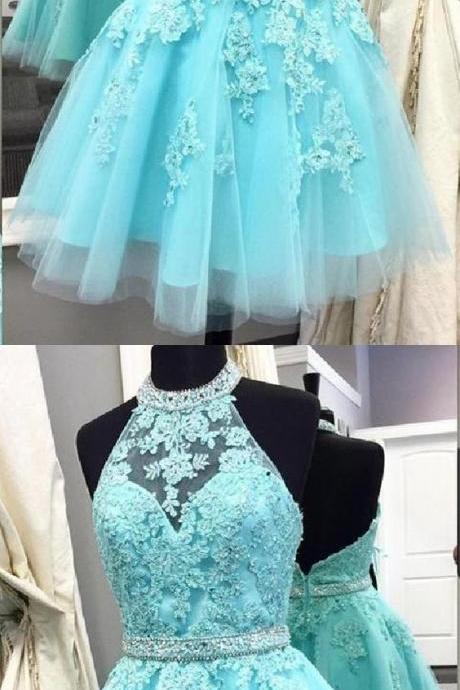Charming Tulle Prom Dress, Green Round Neck Homecoming Dress, Short Prom Dress 603