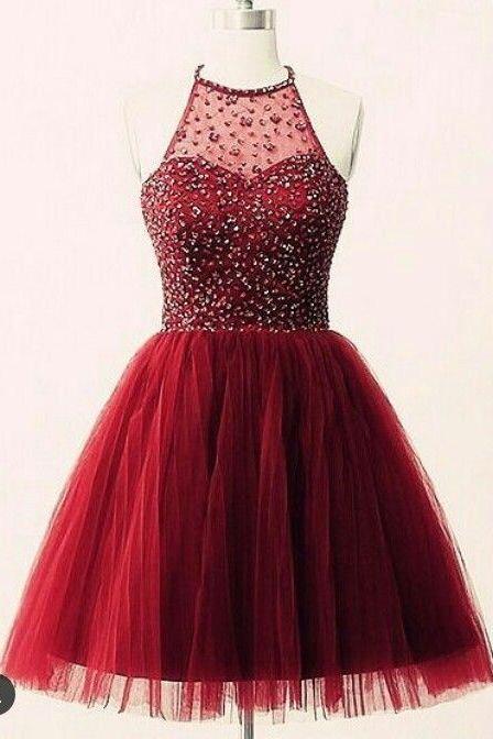 short homecoming dress, red homecoming dress, unique halter homecoming dress, tulle prom dress 606