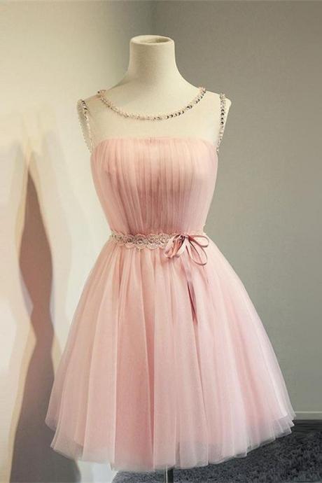 short homecoming dress, pink homecoming dress, tulle homecoming dress, round neck homecoming dress 611