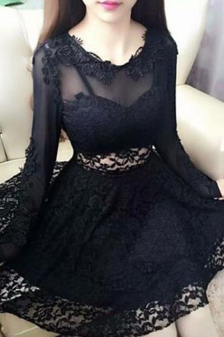 short homecoming dress, black homecoming dress, round neck homecoming dress, lace homecoming dress 623