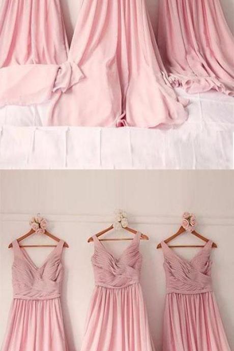 Graceful Pink V-Neck Bridesmaid Dress, Chiffon Long Wedding Party Dress 52366