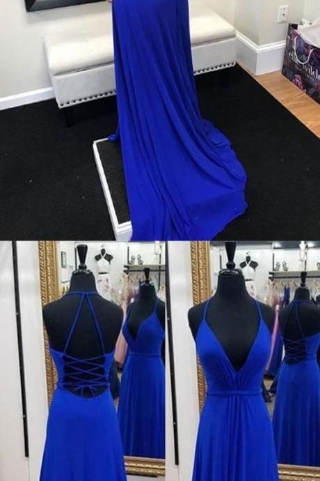 Blue v neck backless long prom dress, blue evening dress