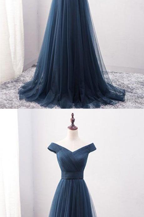 Simple blue tulle long prom dress, blue evening dress