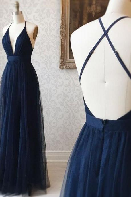 A Line V Neck Navy Blue Backless Prom Dresses, Dark Navy Blue Backless Tulle Evening Formal Dresses