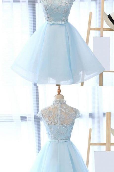 A-line High Neck Blue Tulle Homecoming Dress with Sash Appliques