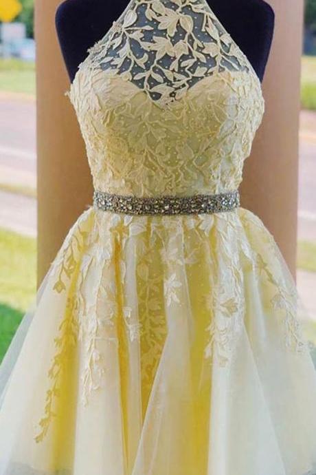 Halter Appliqued Yellow Homecoming Dress Short Prom Dress with Beading Belt 