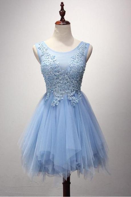 Beautiful Cute Zipper Back Light Blue Lace Tulle Short Homecoming Dresses