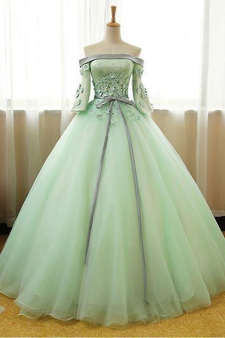 Mint Tulle Off Shoulder Mid Sleeves Long Evening Dress With Silver Gray Sash 