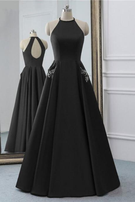  Simple Black Satin Open Back Long O Neck Prom Dress, Evening Dress