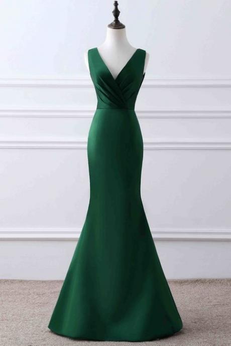 Green Matte Satin V-neck Mermaid ,unique Design Evening Dress