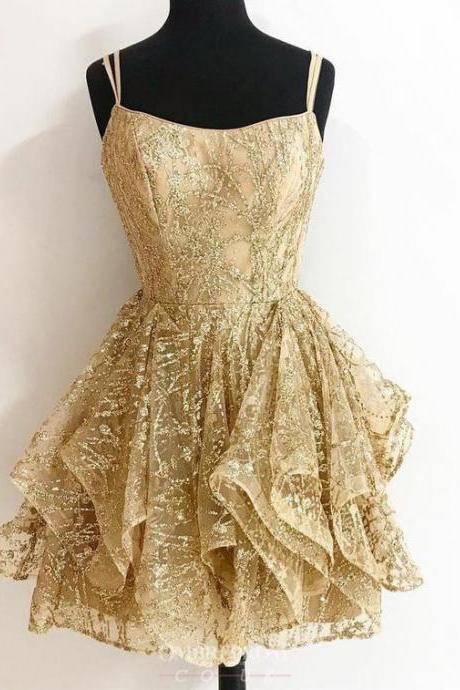 A-line Sequins Gold Short Prom Dresses Glitter Cocktail Party Dress