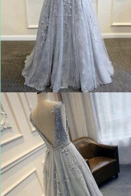Lace Prom Dress,Grey Prom Dress,Long Prom Dress