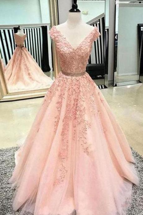 A Line Cap Sleeves Lace V Neck Flesh Pink Prom Dresses