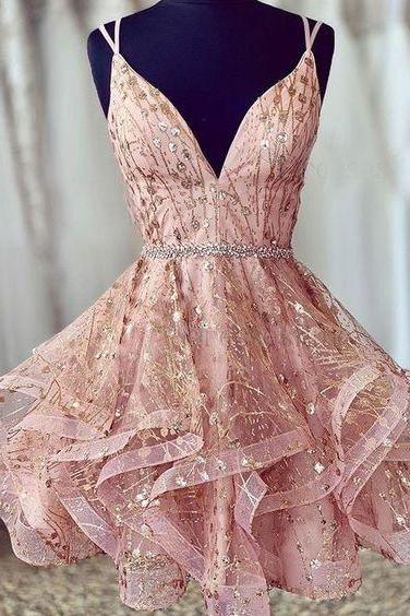 Pink Straps Short Homecoming Dresses Waist with Beaded