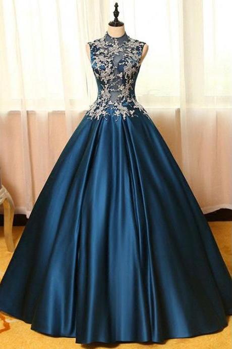 Ball Gown High Neck Floor-length Sleeveless Elastic Woven Satin Prom Dress