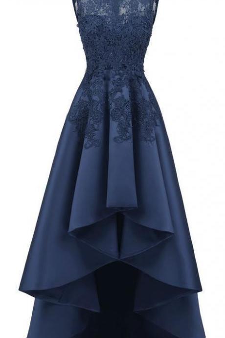 Elegant Sleeveless High Low Prom Dress, Appliques Navy Evening Dress