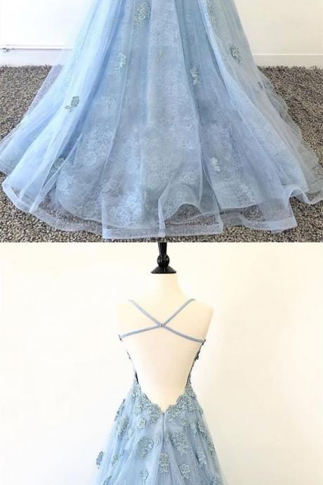 Charming blue applique lace long prom dress,tulle evening dress