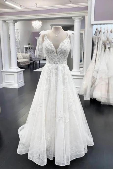 White Lace Tulle V Neck Long Prom Dress, Formal Dress